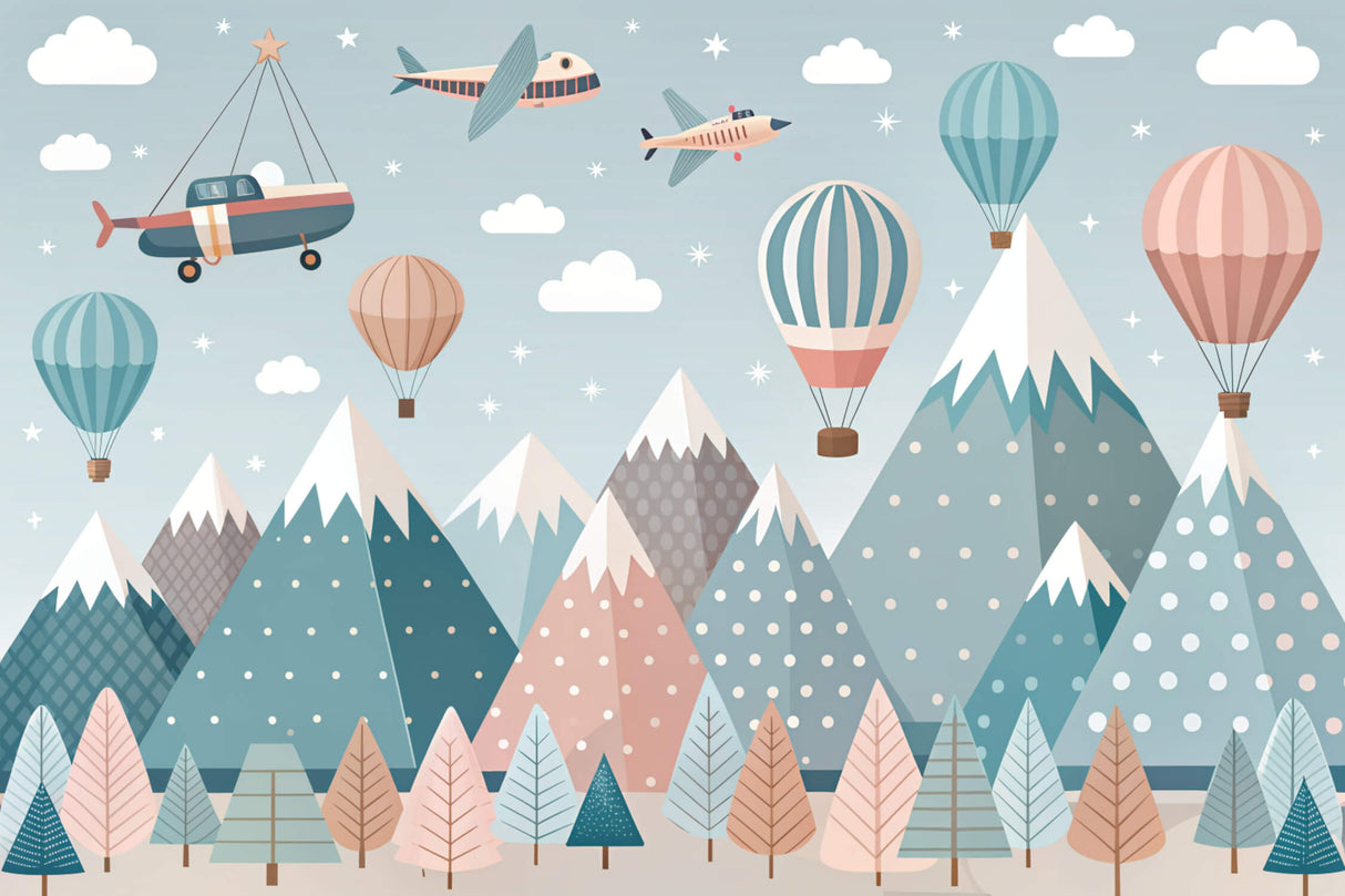 Adventure wallpaper design file showing full pattern of hot air balloons, mountains and geometric details