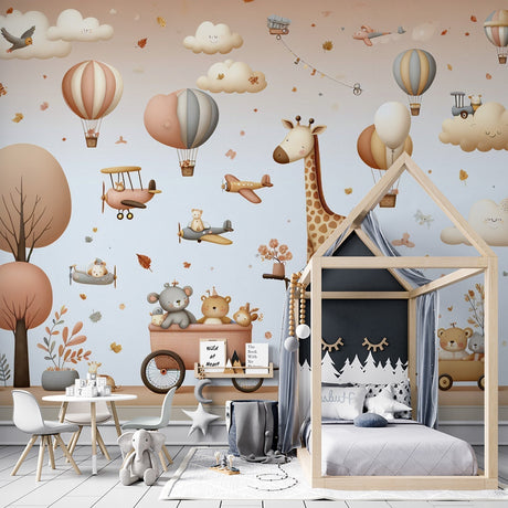 Adventure nursery wallpaper with hot air balloons and safari animals creating a sweet atmosphere in a modern nursery