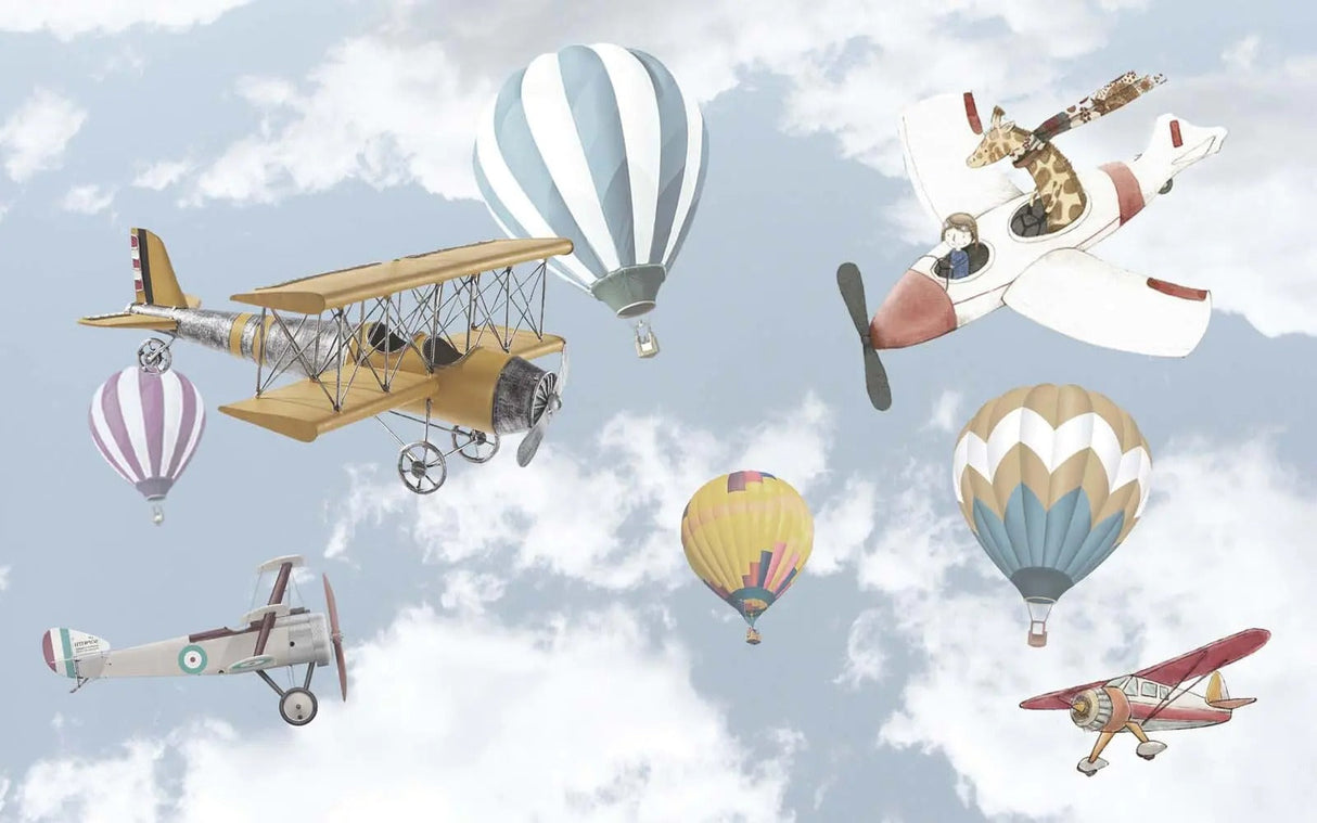 Design file showing detailed vintage hot air balloons and airplane pattern on soft cloudy background