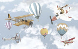 Design file showing detailed vintage hot air balloons and airplane pattern on soft cloudy background