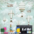 Aviation themed wallpaper with hot air balloons creates a dreamy atmosphere in a modern nursery