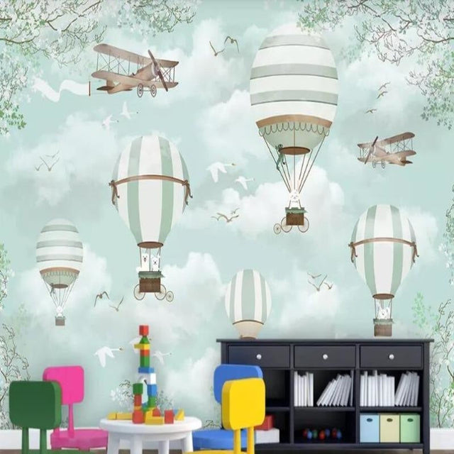 Aviation themed wallpaper with hot air balloons creates a dreamy atmosphere in a modern nursery