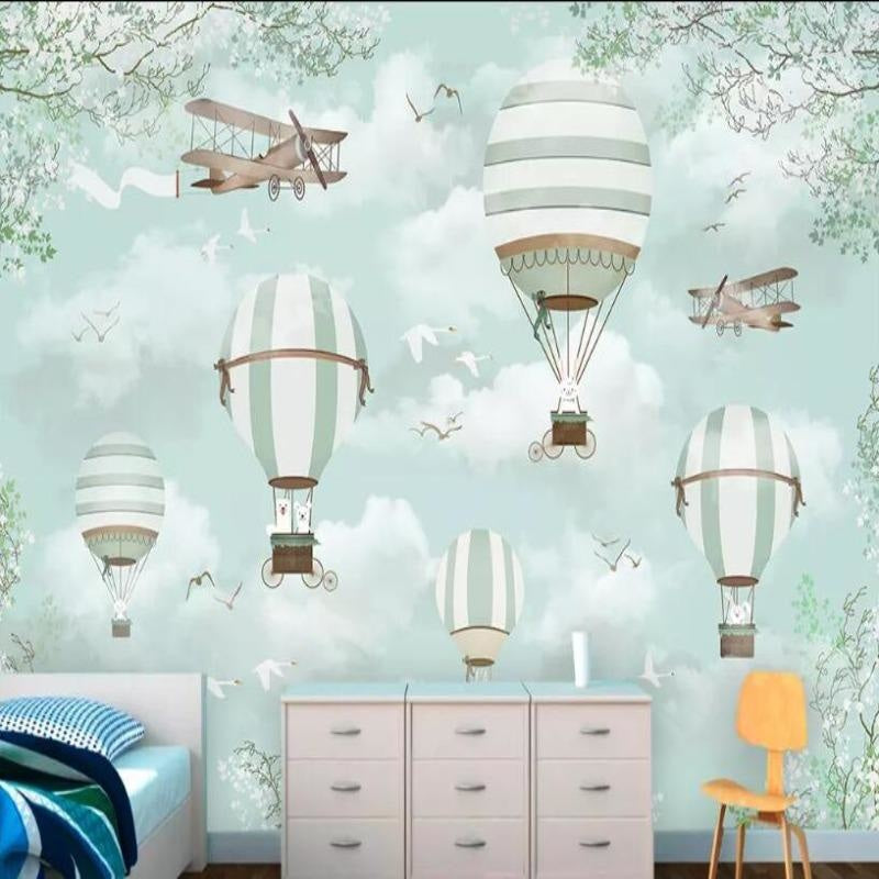 Hot air balloon mural transforming a baby's room into a gentle adventure space