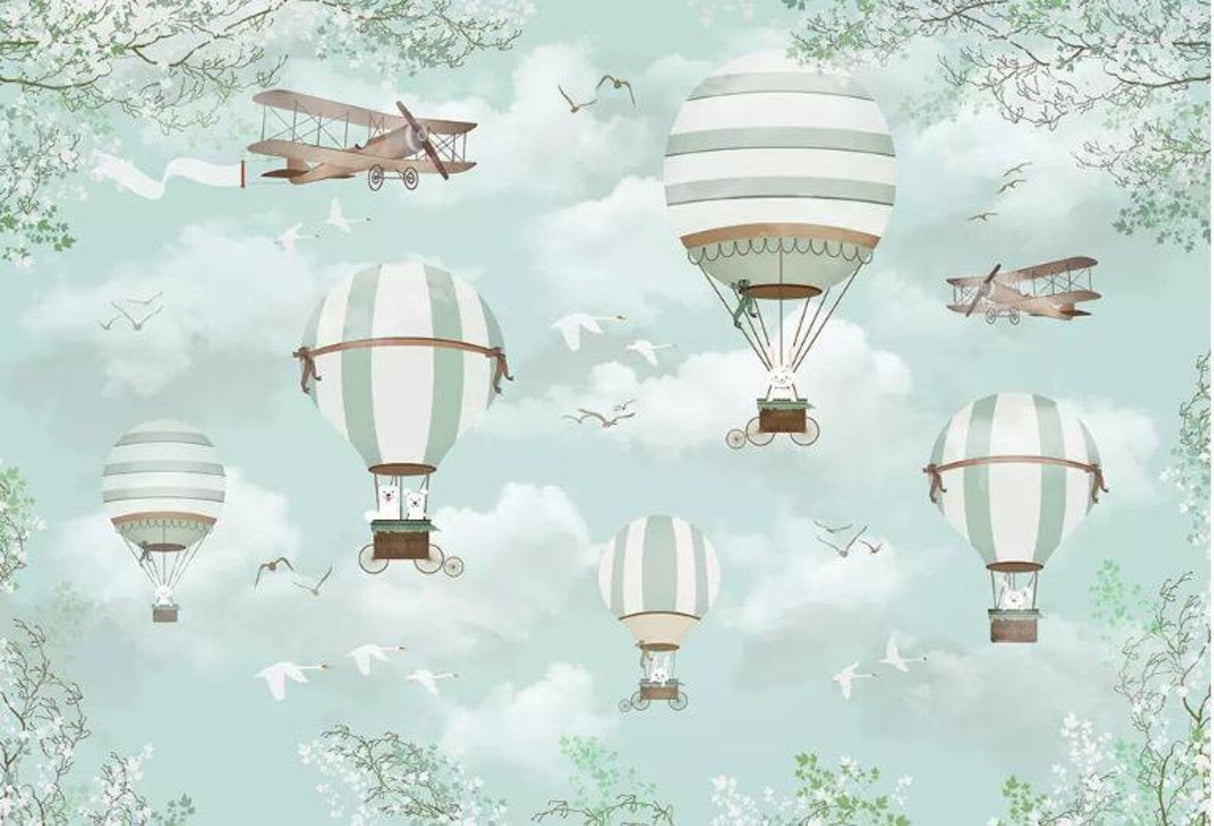 Aviation wallpaper design file showing detailed hot air balloons and vintage planes pattern