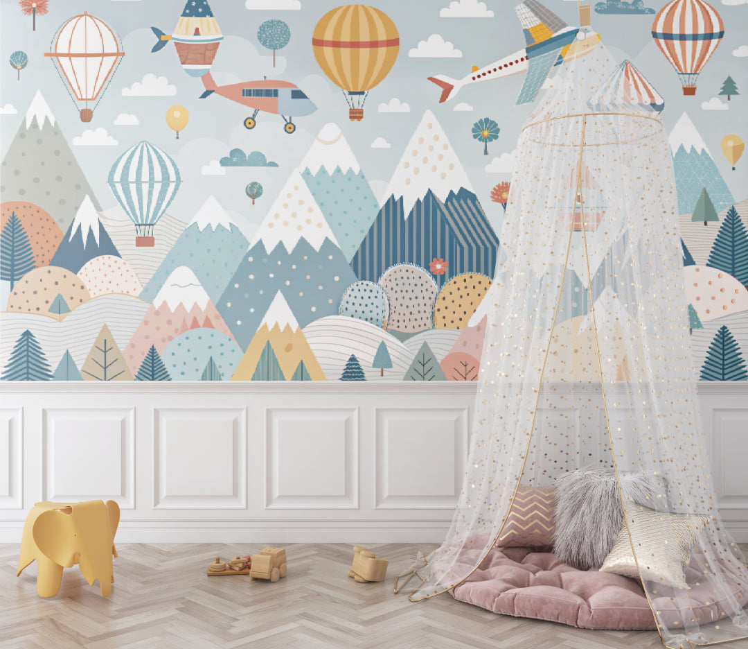 Adventure themed wallpaper displayed in a bright toddler room with wooden accents