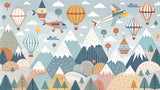 Mountain adventure wallpaper design file showing full pattern with hot air balloons and airplanes