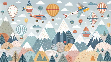 Mountain adventure wallpaper design file showing full pattern with hot air balloons and airplanes