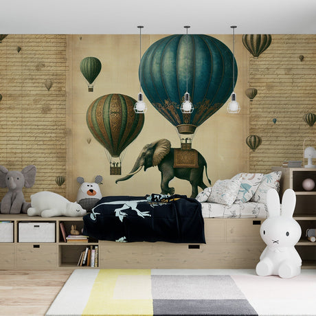 Hot air balloon and elephant wallpaper creating a magical atmosphere in a bright nursery with vintage-style furniture