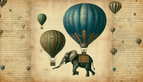 Vintage hot air balloon wallpaper design file showing intricate pattern with emerald balloons and golden elephant detail