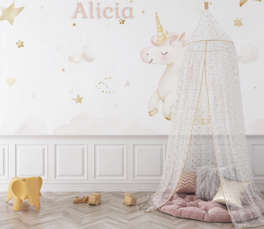 Unicorn Mural Wallpaper | Personalized Pink and Gold Stars Design