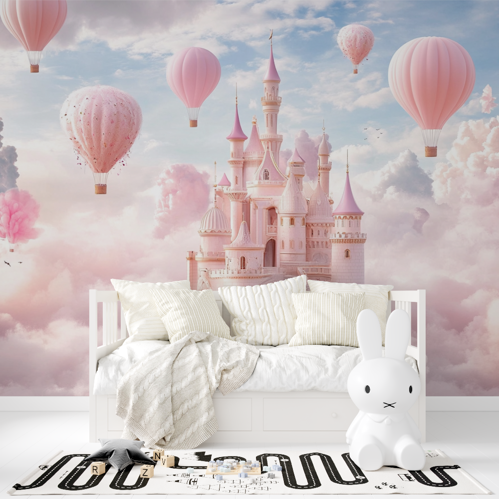 Princess Castle Mural Wallpaper | Pink Hot Air Balloons Fantasy