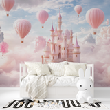 Princess Castle Mural Wallpaper | Pink Hot Air Balloons Fantasy