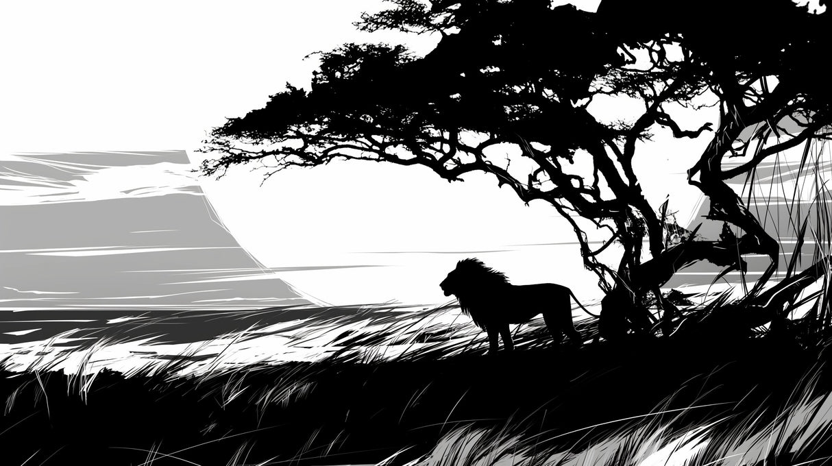 Black and white lion mural wallpaper creating dramatic impact in a modern minimalist living room with clean furniture lines