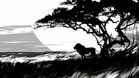 Black and white lion mural wallpaper creating dramatic impact in a modern minimalist living room with clean furniture lines