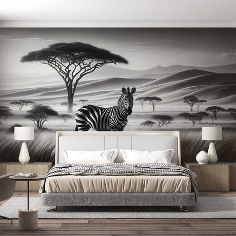 Black and white African savanna wallpaper creating depth in a modern living room with clean lines and natural light