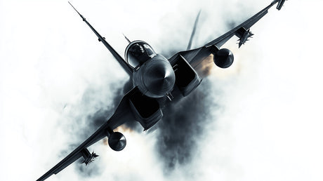 Modern Fighter Jet wallpaper creating dramatic impact in a sleek home office with black and white decor