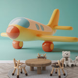 Pastel 3D airplane wallpaper creating a playful atmosphere in a modern nursery with white furniture