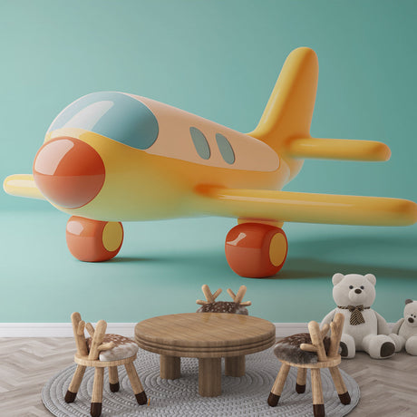 Pastel 3D airplane wallpaper creating a playful atmosphere in a modern nursery with white furniture