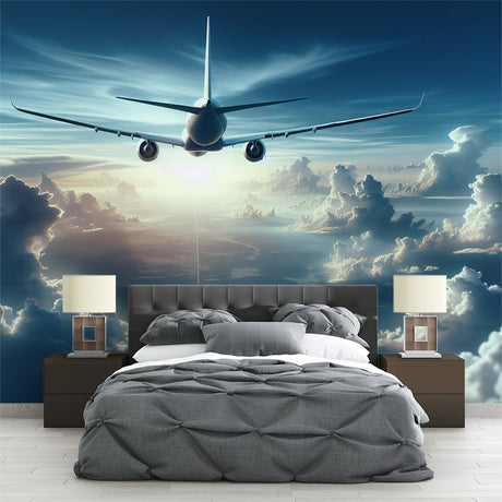Airplane wallpaper mural showcased in a modern living room, creating depth with cloud scenery and blue skies
