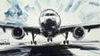 Black and white airplane mural wallpaper creating drama in a modern minimalist living room with high ceilings
