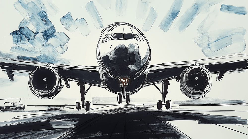Black and white airplane mural wallpaper creating drama in a modern minimalist living room with high ceilings