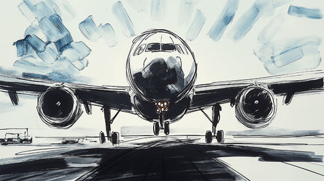 Black and white airplane mural wallpaper creating drama in a modern minimalist living room with high ceilings