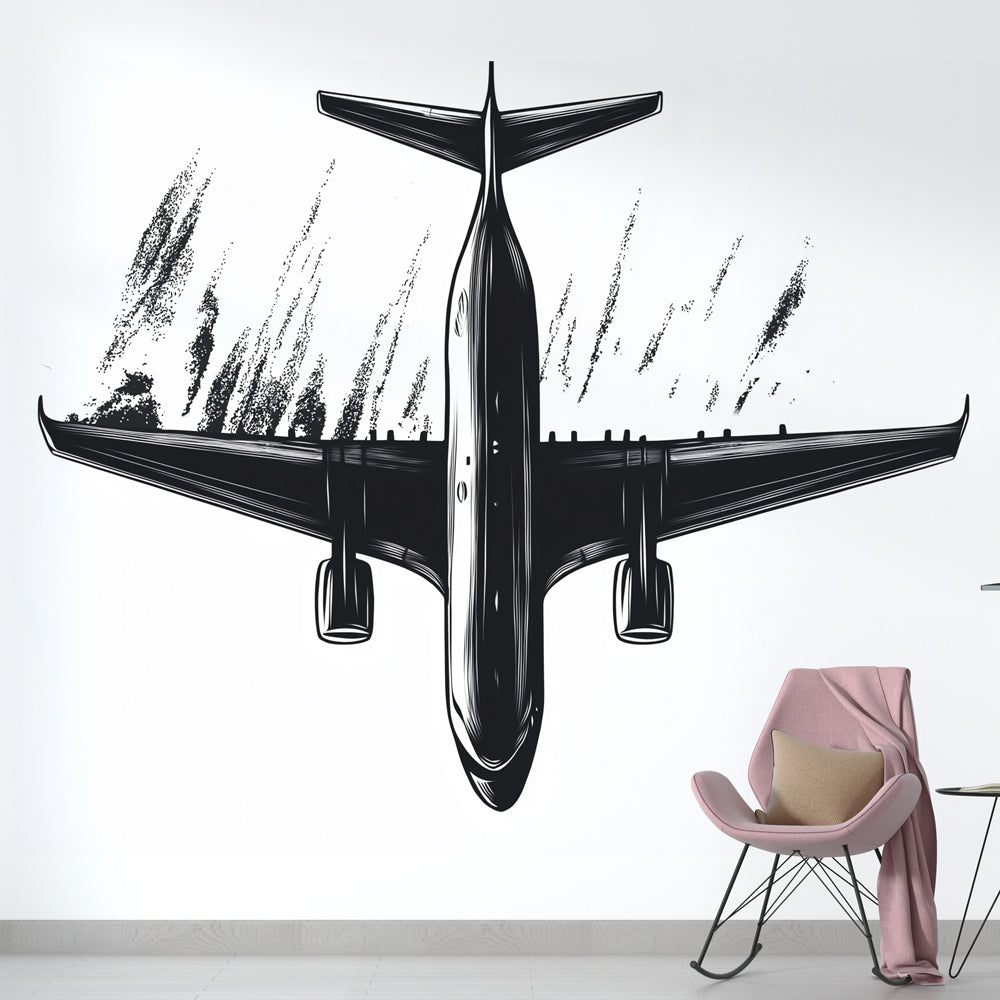 Modern airplane wallpaper creating a striking focal point in a minimalist office space with clean lines and natural light