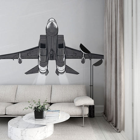Modern Airplane Line Art Wallpaper showcased in a minimalist home office with clean white walls and modern furniture