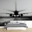 Modern Airplane Wallpaper displayed in a minimalist living room, black and white aviation mural creates dramatic focal point