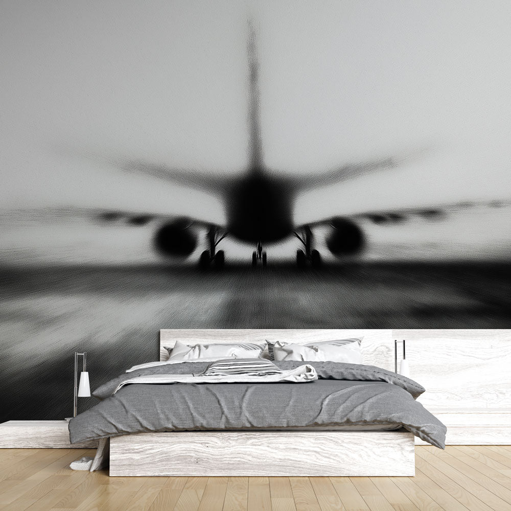 Modern Airplane Wallpaper displayed in a minimalist living room, black and white aviation mural creates dramatic focal point