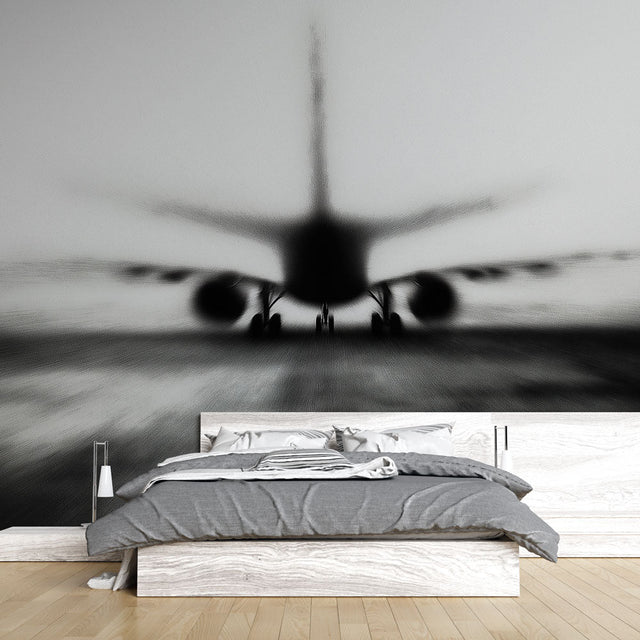 Modern Airplane Wallpaper displayed in a minimalist living room, black and white aviation mural creates dramatic focal point