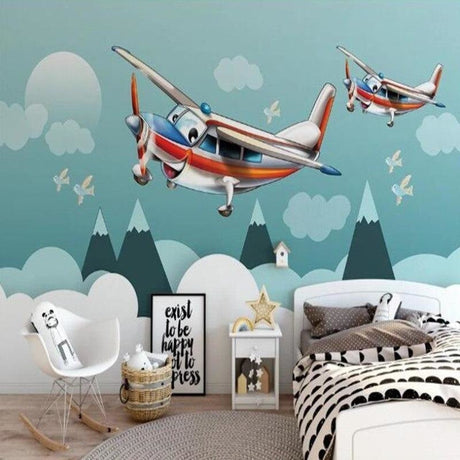 Airplane wallpaper bringing life to a modern nursery with soft blue-green tones and playful cartoon aircraft