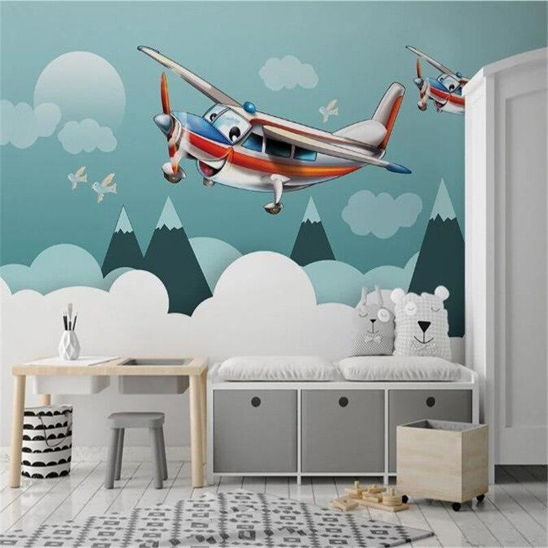 Kids bedroom transformed with cartoon airplane mural wallpaper, showing peaceful sky scene
