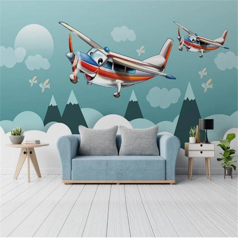Playroom featuring aviation wallpaper with cartoon planes soaring through clouds