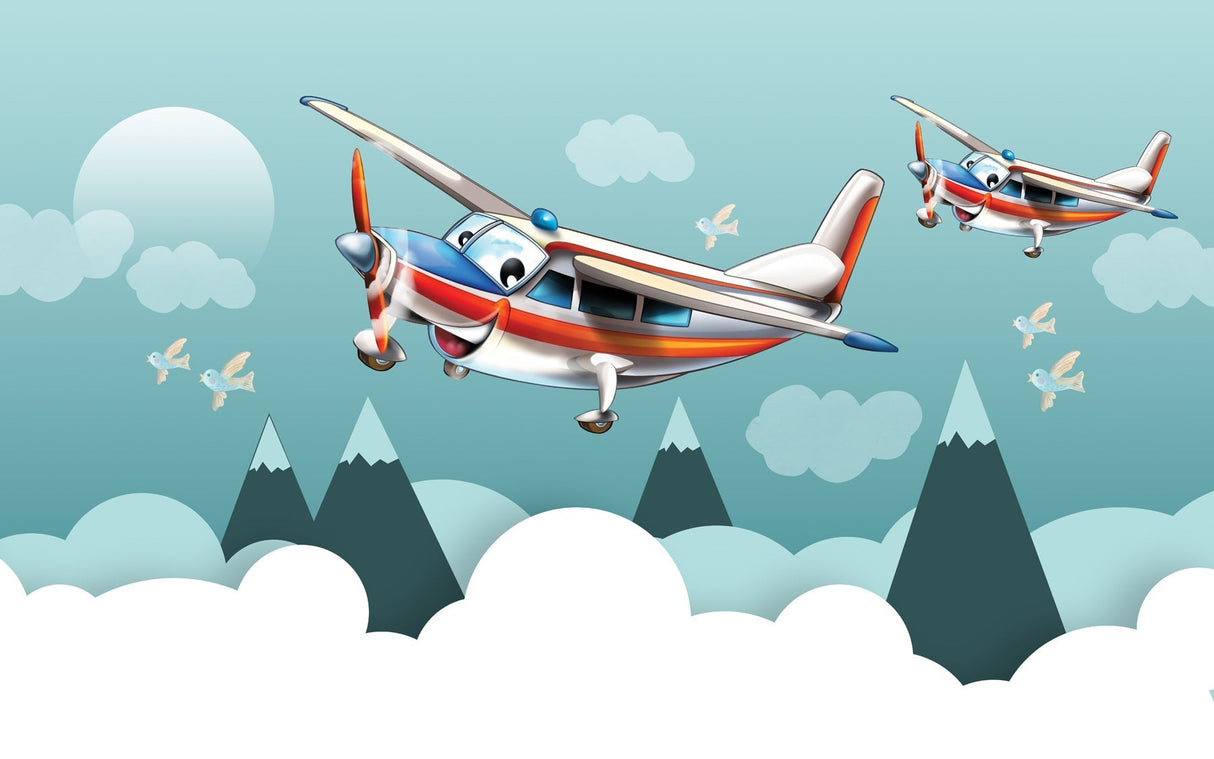 Design file of cartoon airplane wallpaper showing full pattern with mountains and clouds