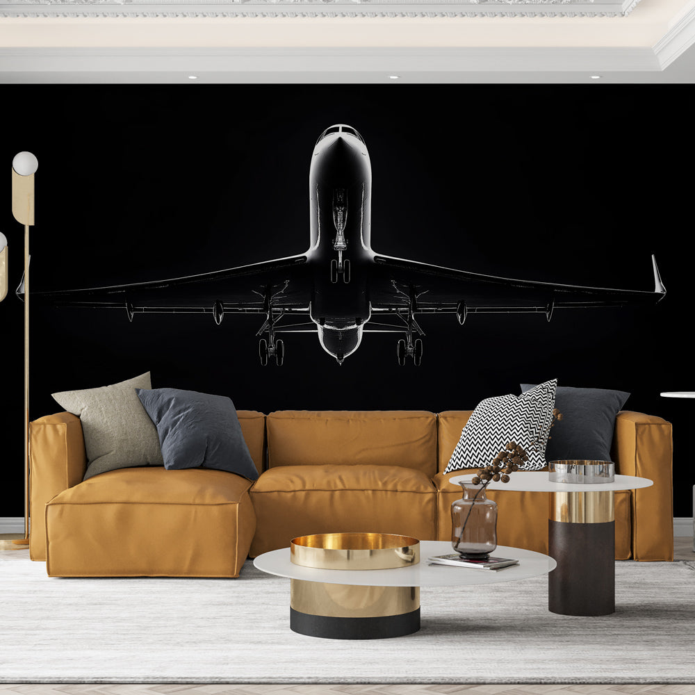 Black and white airplane mural wallpaper creating dramatic impact in a modern minimalist living room setting