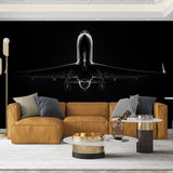 Black and white airplane mural wallpaper creating dramatic impact in a modern minimalist living room setting