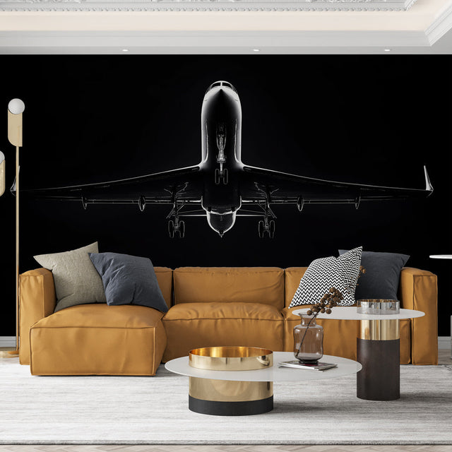 Black and white airplane mural wallpaper creating dramatic impact in a modern minimalist living room setting