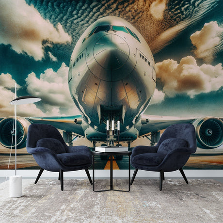 Airplane wall mural creating dramatic focal point in modern living room with sleek furniture and ambient lighting
