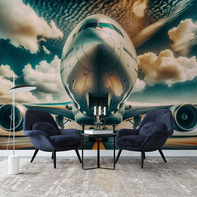 Airplane wall mural creating dramatic focal point in modern living room with sleek furniture and ambient lighting