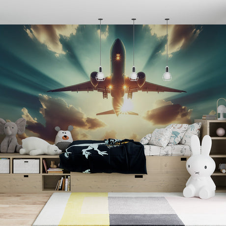 Airplane mural wallpaper creating a stunning focal point in a modern kid's bedroom, with warm sunset colors illuminating the space