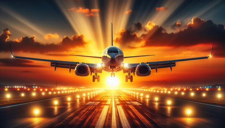 Aviation wallpaper design file showing detailed sunset landing scene with dramatic sky colors