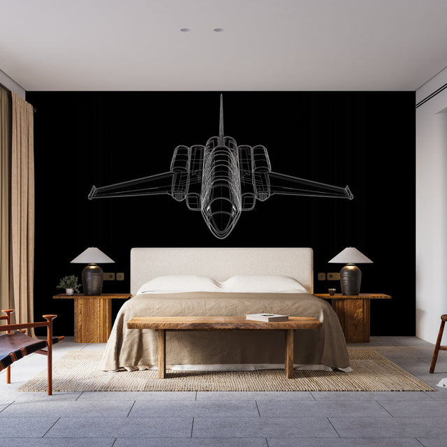 Modern Airplane Line Art Wallpaper creating dramatic contrast in a minimalist home office setup
