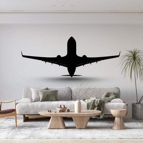 Modern Airplane Wallpaper displayed in a bright, contemporary living room with minimalist furniture