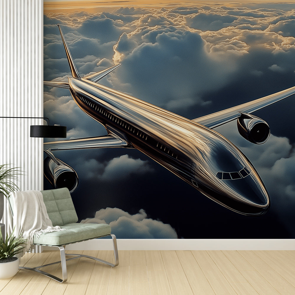 Modern Airplane Wallpaper Mural showcased in a bright contemporary home office with minimalist furniture