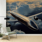 Modern Airplane Wallpaper Mural showcased in a bright contemporary home office with minimalist furniture