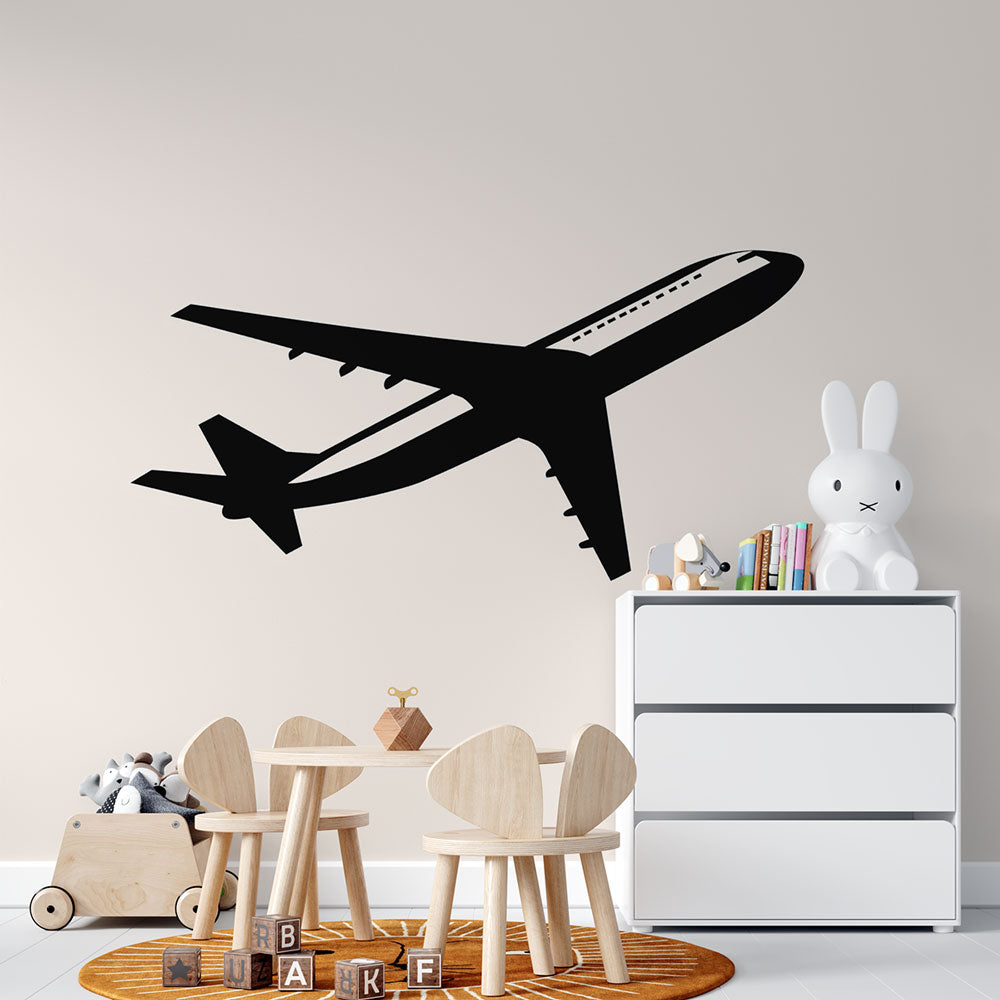 Modern Airplane Wall Mural creating dramatic impact in a bright contemporary bedroom with minimal furnishings