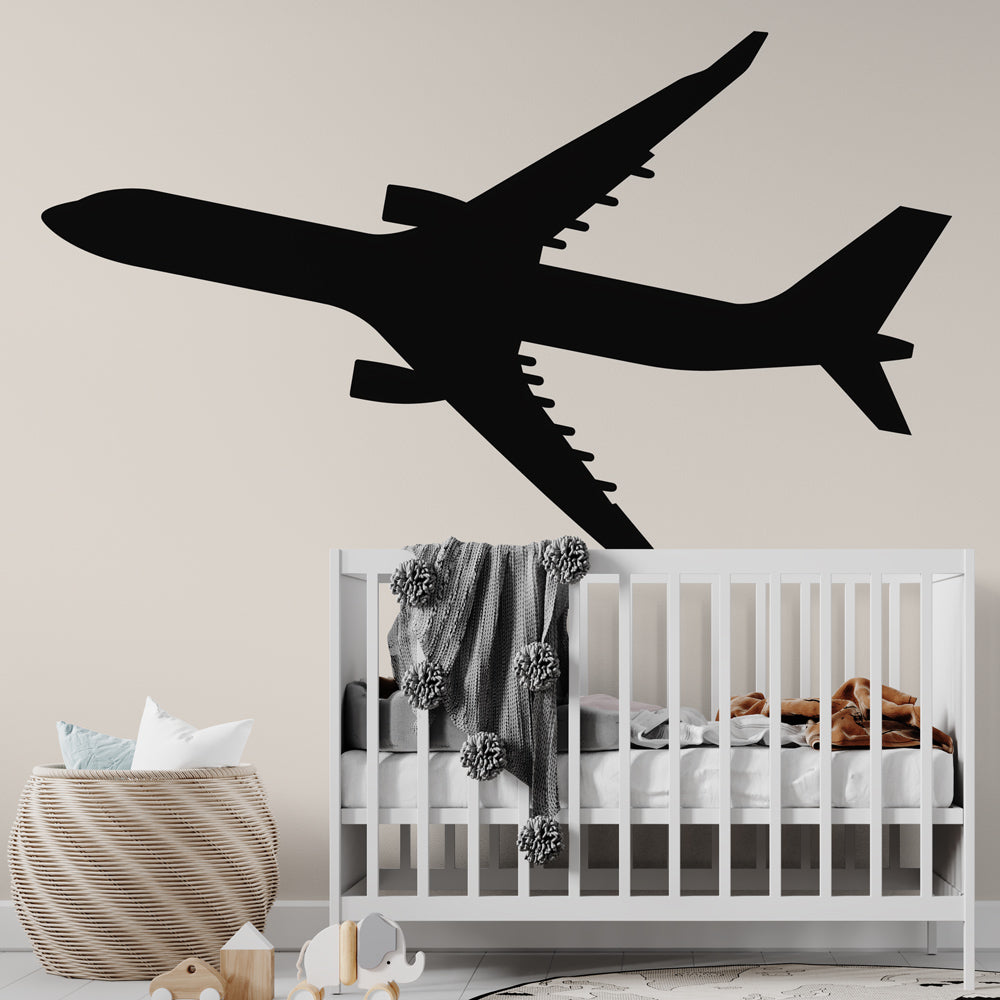 Modern Airplane Wallpaper displayed in a bright kids bedroom, showing black aircraft silhouette against beige background