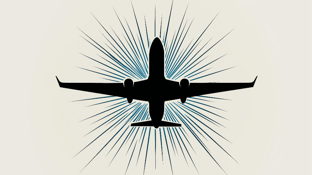 Modern Airplane Wall Mural in sleek home office space, black silhouette design with blue rays creating dynamic focal point