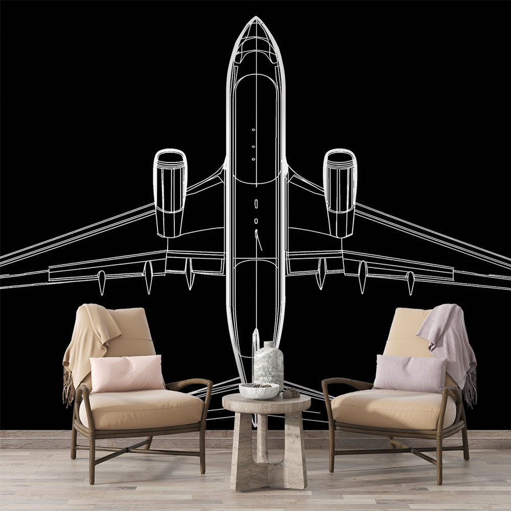 Modern airplane line art wallpaper displayed in a minimalist home office, creating a bold black and white focal point